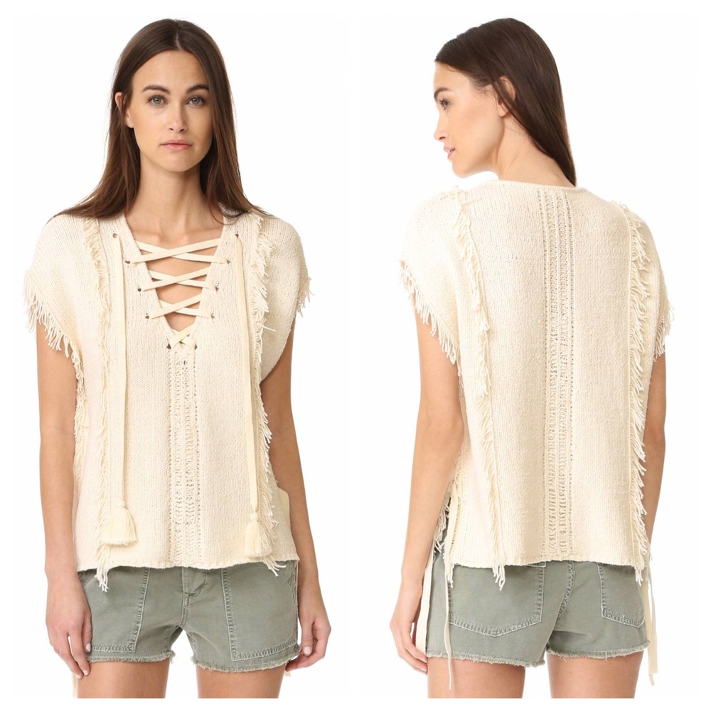 NWT Pam & Gela Fringe Baja Sweater L Lace Up